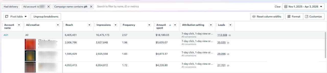 Bin's Facebook campaigns with different creatives.